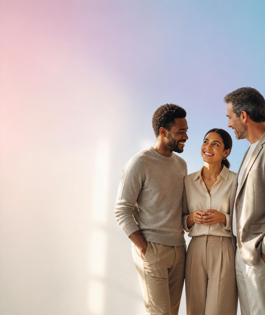 Profissionais diversos — homens e mulheres — em interação natural, representando conexão e crescimento.