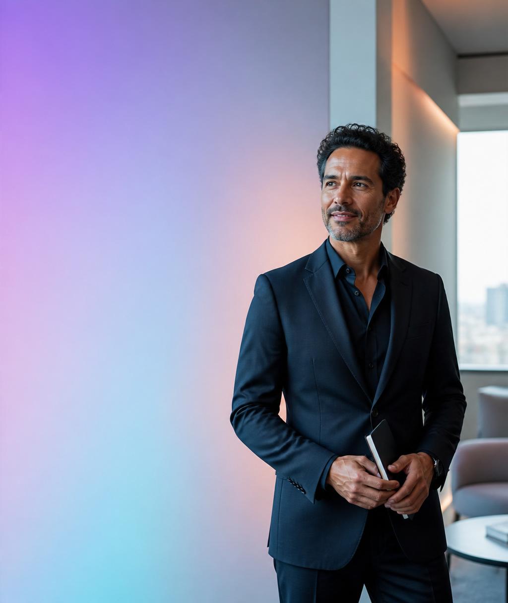 Líder empresarial em ambiente corporativo contemporâneo, com postura de escuta e estratégia.